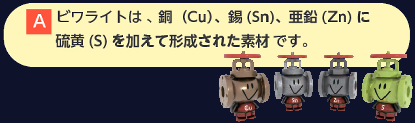 Ａ ビワライトは、銅（Cu）、錫(Sn)、亜鉛(Zn) に硫黄(S) を加えて形成された素材です。